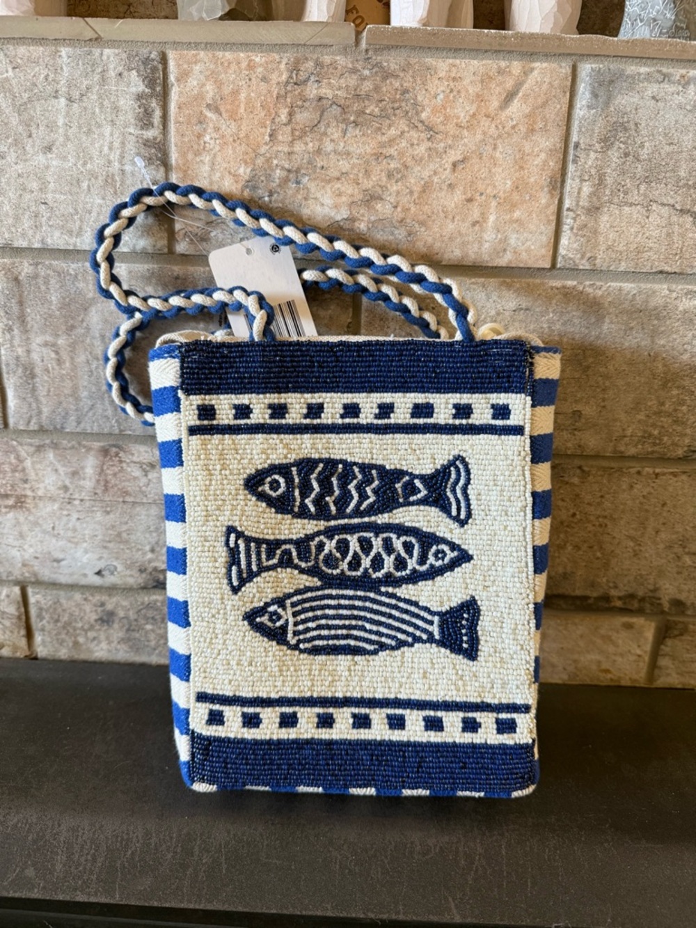 Navy & Cream Beaded Fish Crossbody Bag